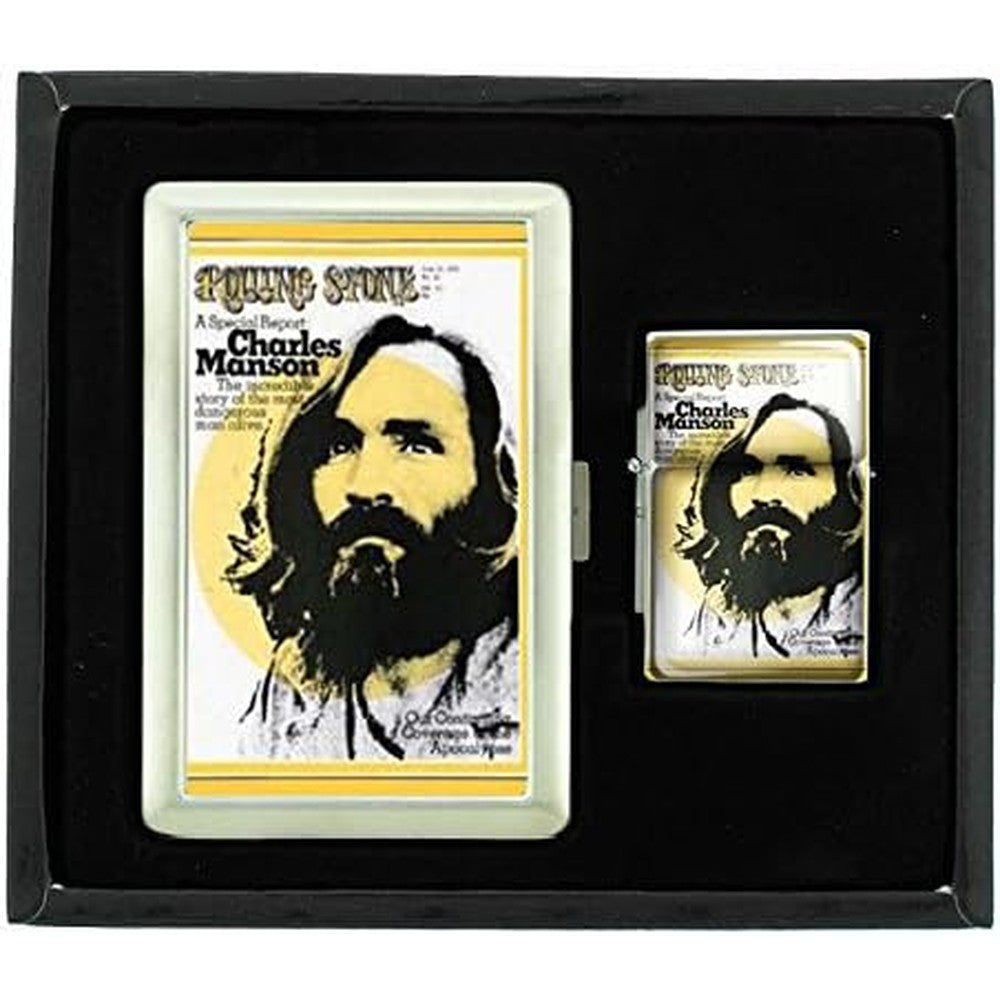 Perfection In Style Charles Manson Rolling Stone oil lighter with tin gift box front view.