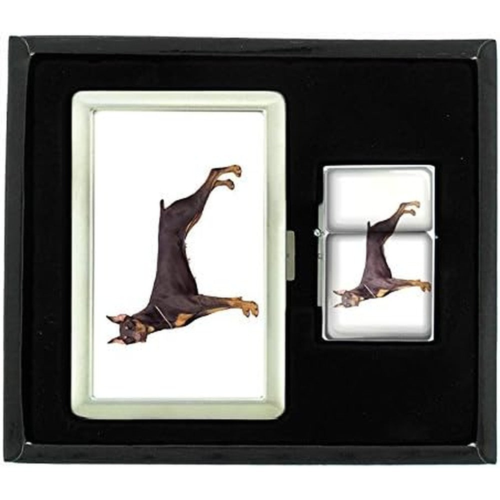 Perfection In Style Doberman Pinscher Cigarette Case and Oil Lighter Gift Set front view.