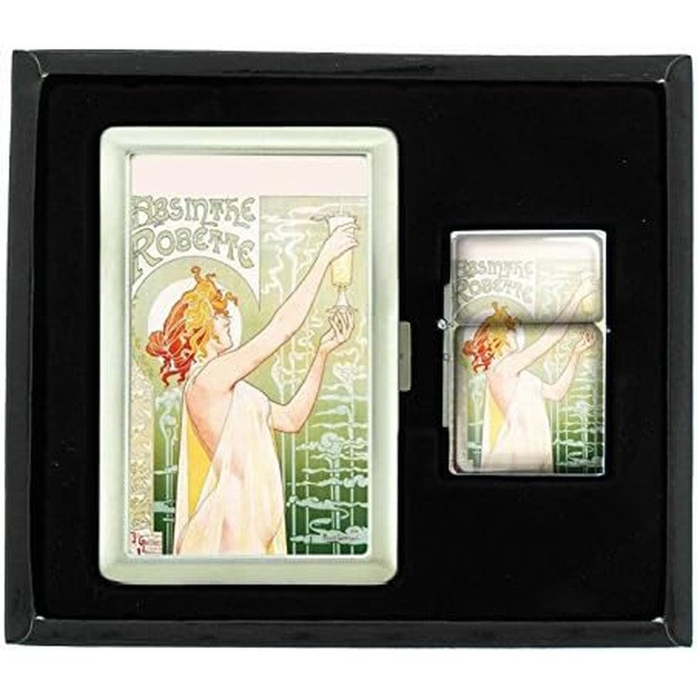 Perfection In Style Alphonse Mucha Absinthe Art Nouveau lighter and case set front view vintage collectible.