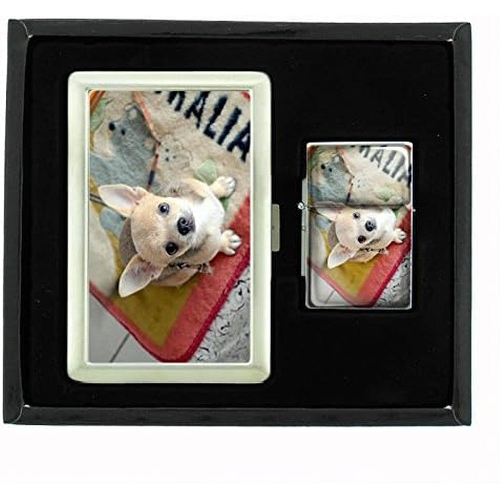 Perfection In Style Dog Chihuahua 01 Cigarette Case and Oil Lighter Gift Set front view authentic USA imported accessory.