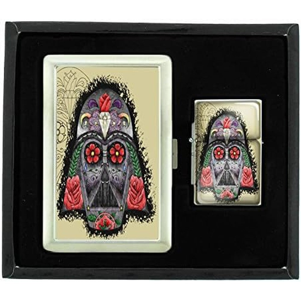 Perfection In Style cigarette case and oil lighter gift set skull-058 front view inside premium presentation box
