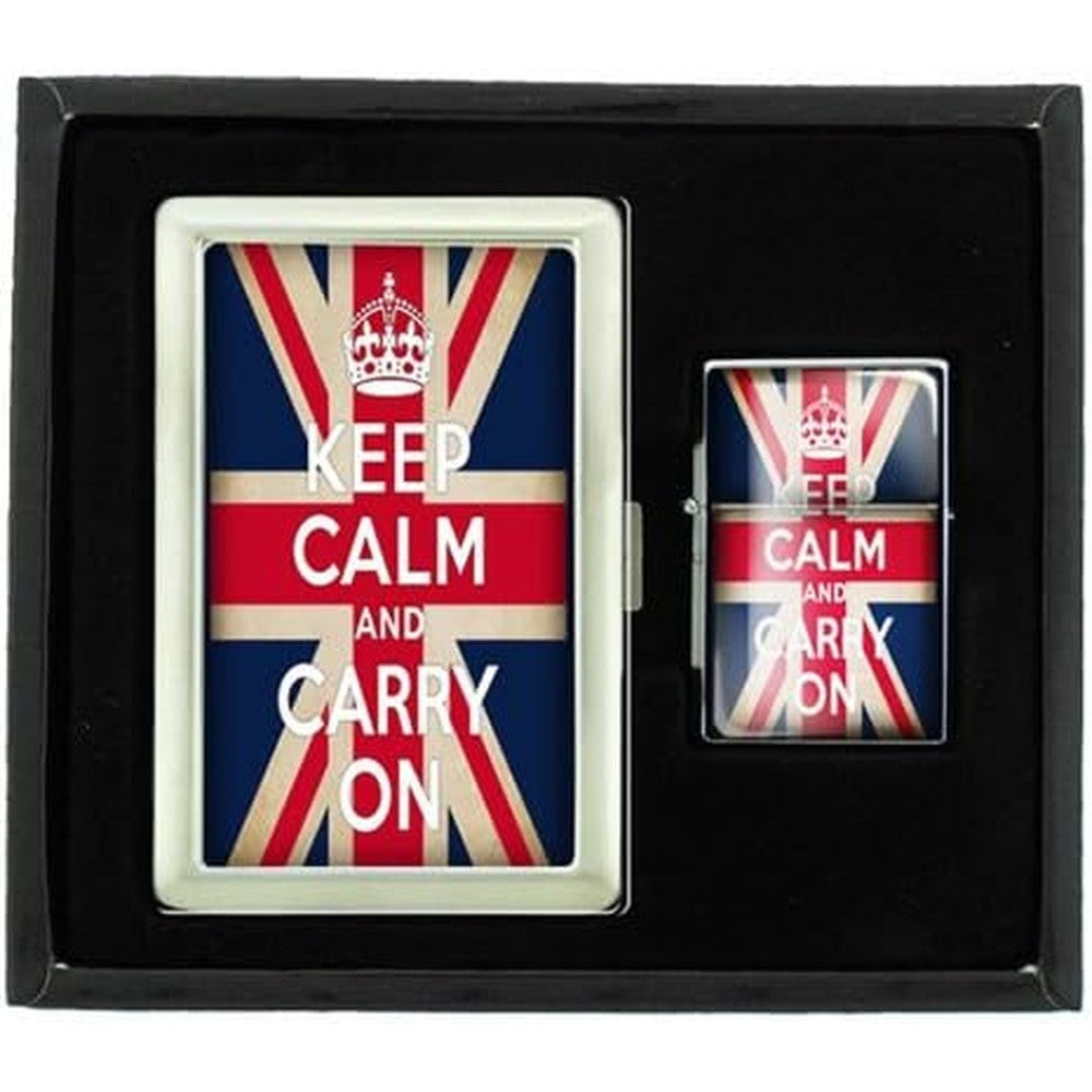 Perfection In Style Keep Calm and Carry On UK Flag cigarette case and lighter gift set front view.