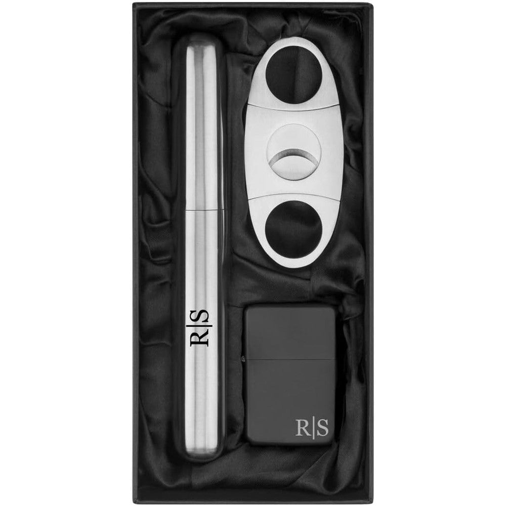 Daylors custom engraved stainless steel cigar tube flask cutter and lighter gift set front view featuring personalized monogram initials