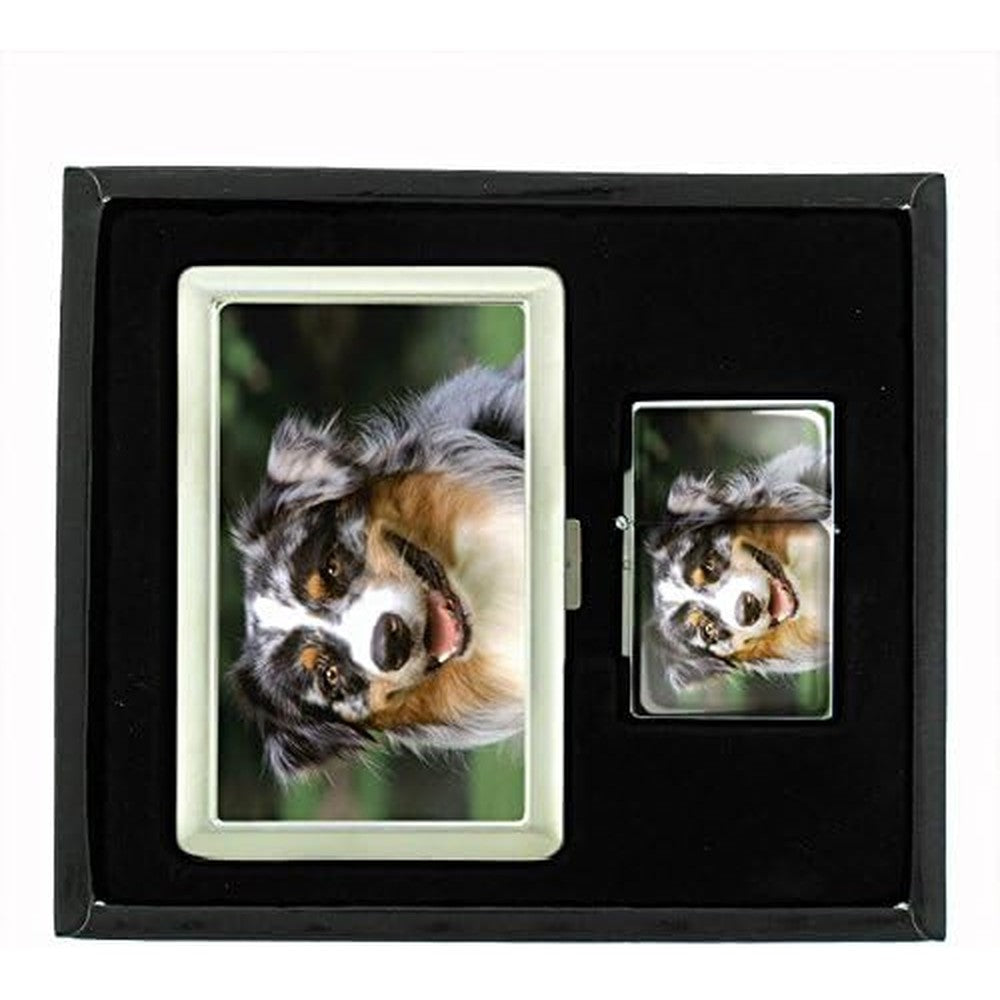 Perfection In Style Australian Shepherd cigarette case and lighter gift set front view.