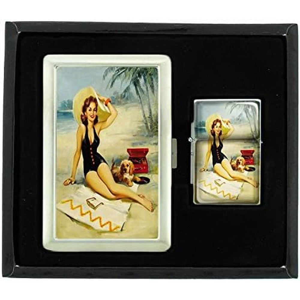 Perfection In Style Vintage Pin Up Girl-119 Cigarette Case and Lighter Set front view with retro beach illustration.