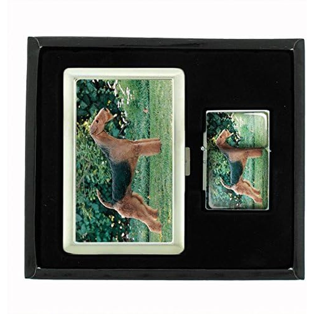 Perfection In Style Airedale Terrier cigarette case and lighter gift set front view.