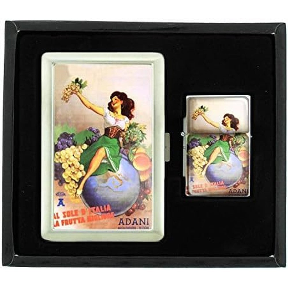 Perfection In Style Gino Boccasile Italy Poster cigarette case and lighter set front view vintage Italian art.