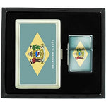 JS & Caren Delaware Flag silver cigarette case and lighter set front view