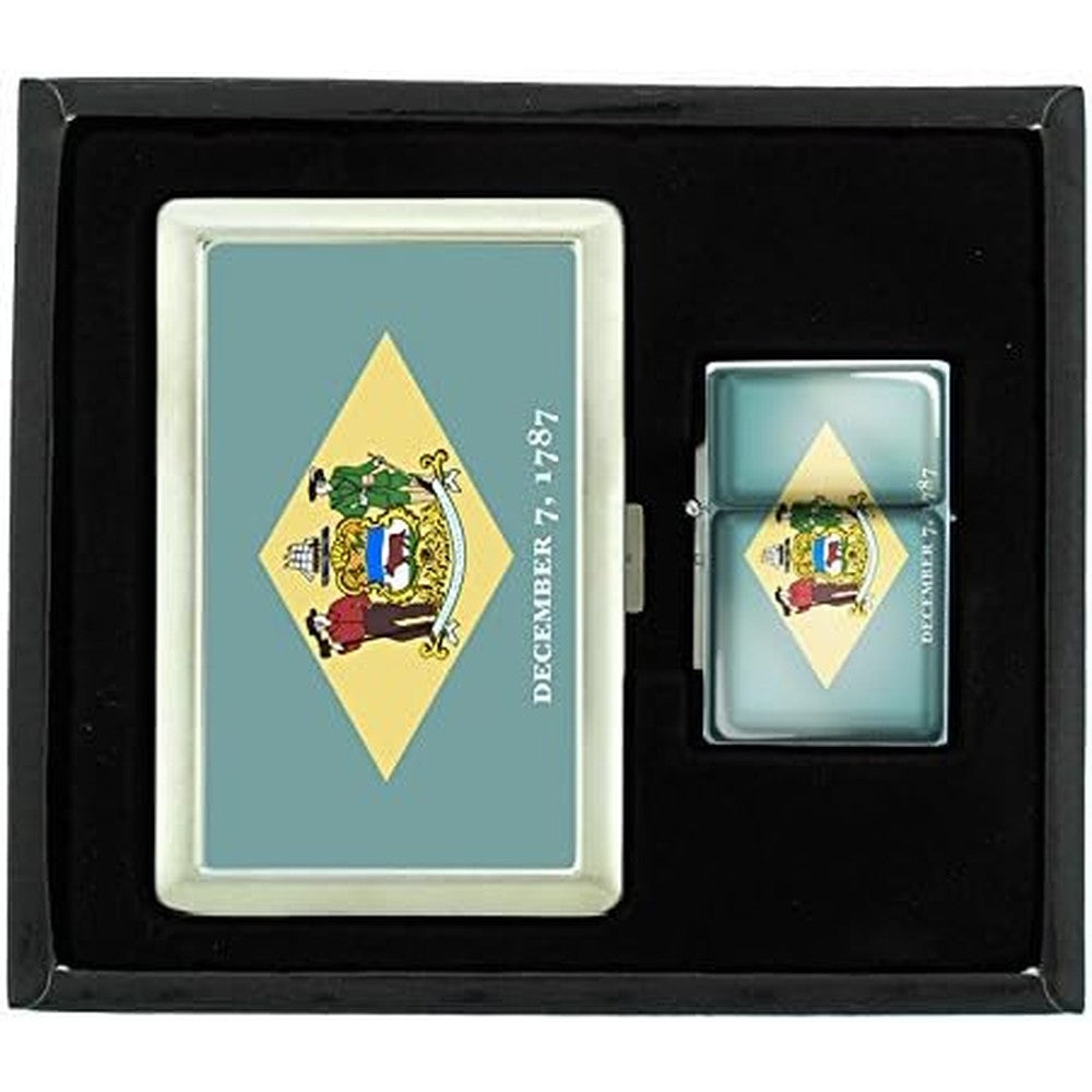 JS & Caren Delaware Flag silver cigarette case and lighter set front view