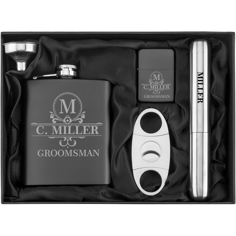 Daylor Engraved Seven Ounce Flask Gift Box Set front view featuring personalized matte black flask, lighter, cigar cutter, and funnel.