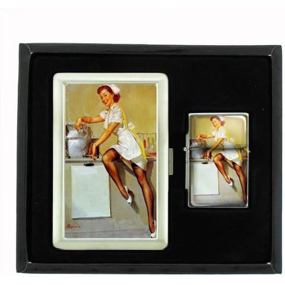 Perfection In Style Pin Up Redhead Nurse cigarette case and lighter set front view authentic USA import.