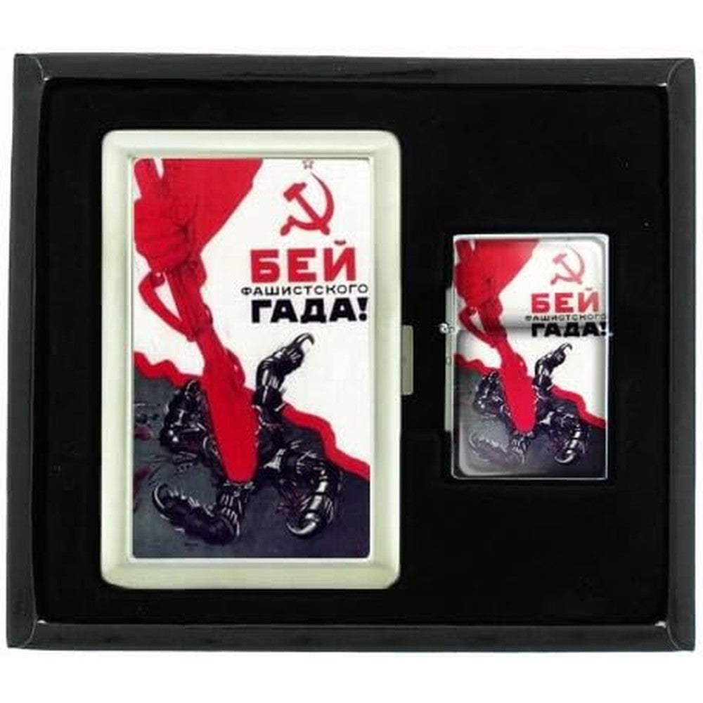 Perfection In Style Smash Vile Fascist Russian WWII cigarette case and lighter set front view military propaganda.