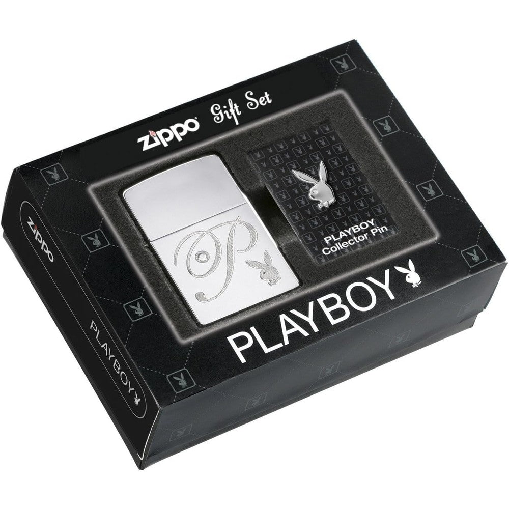 Zippo Playboy Lighter and Pin Gift Set front view authentic windproof collectible