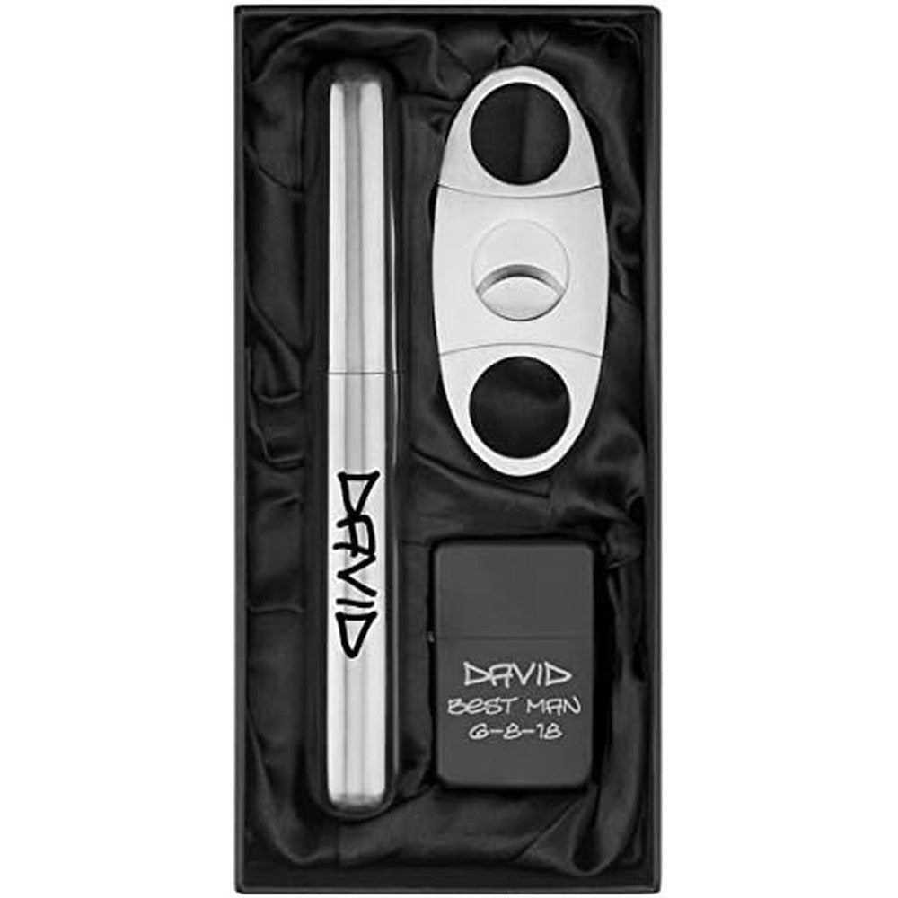 Daylor personalized stainless steel cigar tube flask cutter and lighter gift set front view.