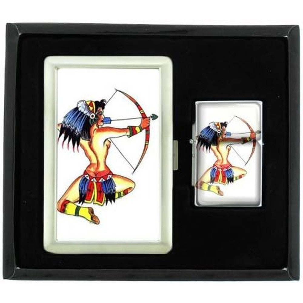 Perfection In Style Native American Tattoo Cigarette Case and Lighter Set front view featuring neo-traditional art.