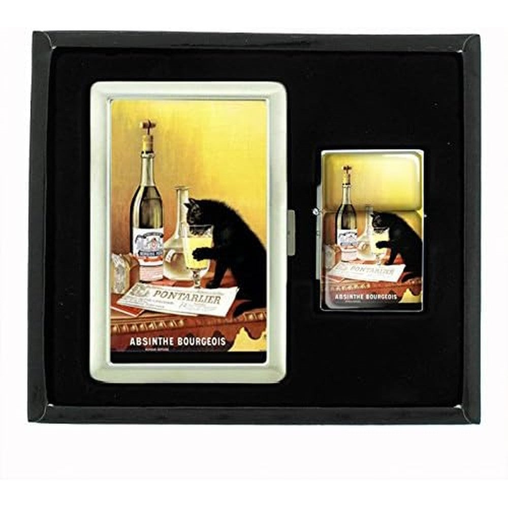 Perfection In Style Absinthe Bourgeois black cat cigarette case and lighter gift set front view.