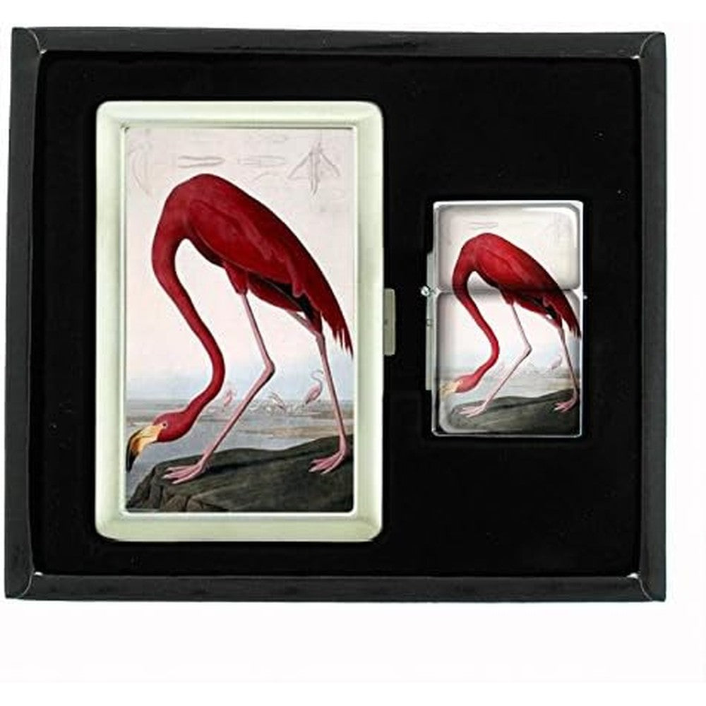 DIVANNO John J. Audubon American Flamingo lighter and case set front view vintage art accessory.