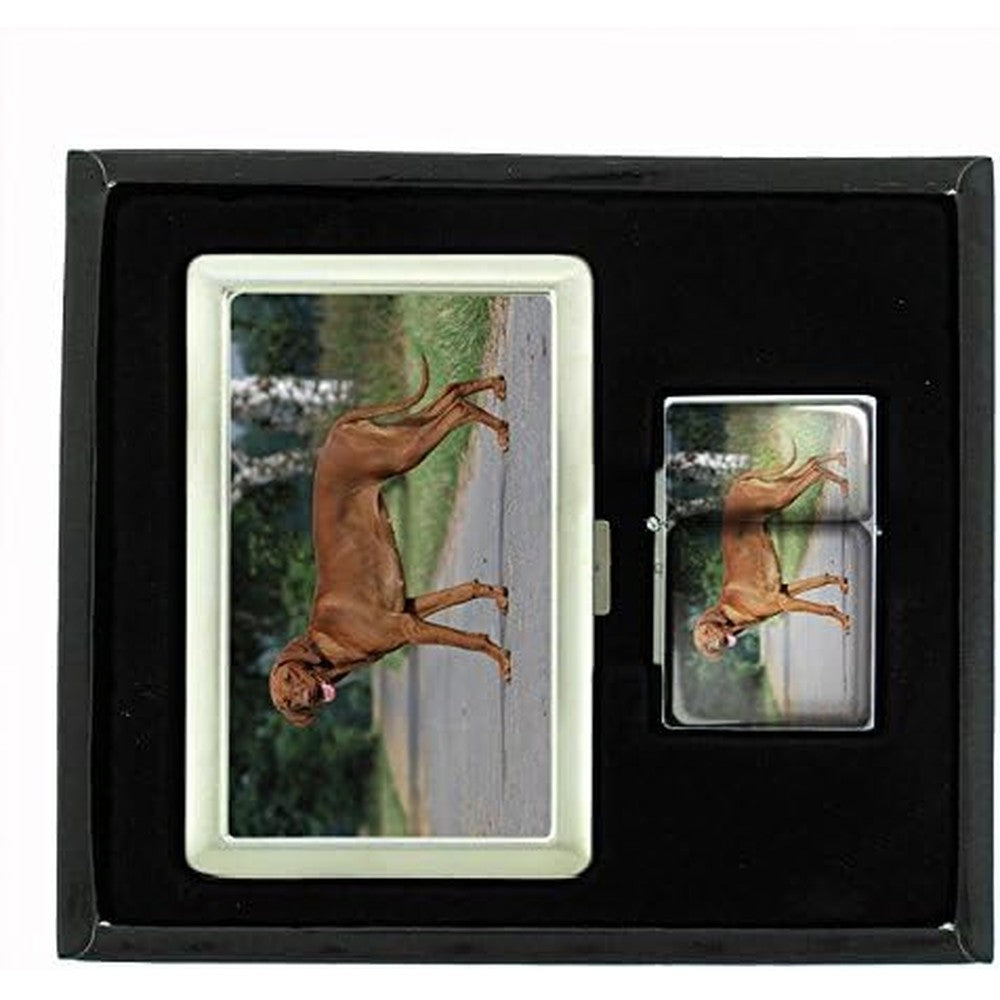 Perfection In Style Dog Vizsla 03 cigarette case and oil lighter gift set front view.