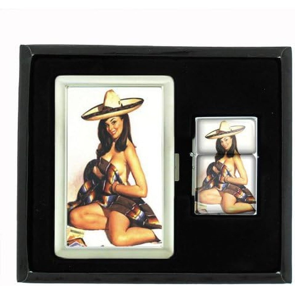 Perfection In Style Pin Up Senorita cigarette case and lighter set in a gift box for vintage collectors.