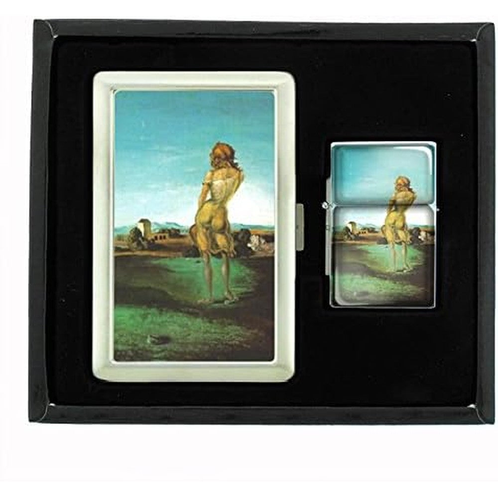 Perfection In Style Salvador Dali Girl With Curls cigarette case and lighter set in gift box.