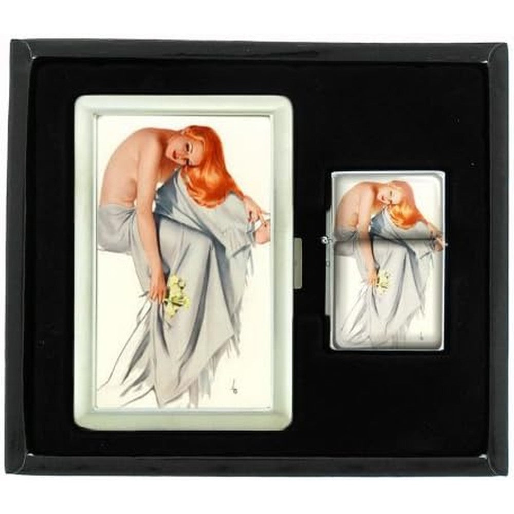 Perfection In Style Varga Girl Redhead Pin Up lighter and case gift set front view.