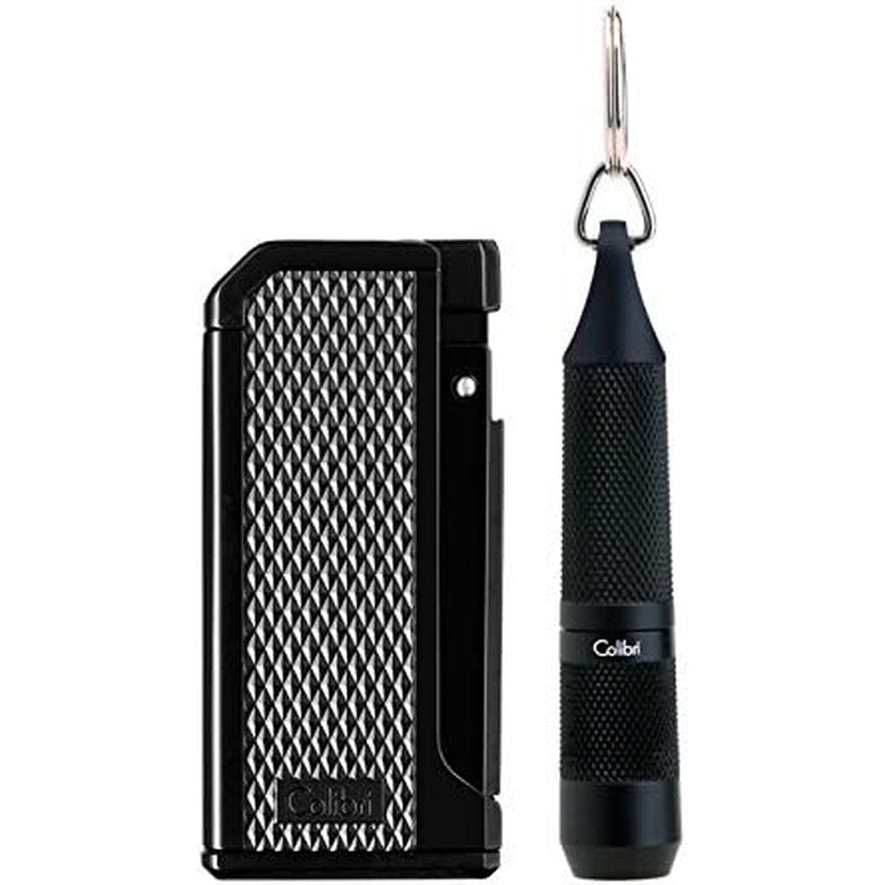 Colibri Monza Gift Set Lighter and Punch in black and red front view premium wind resistant cigar lighter