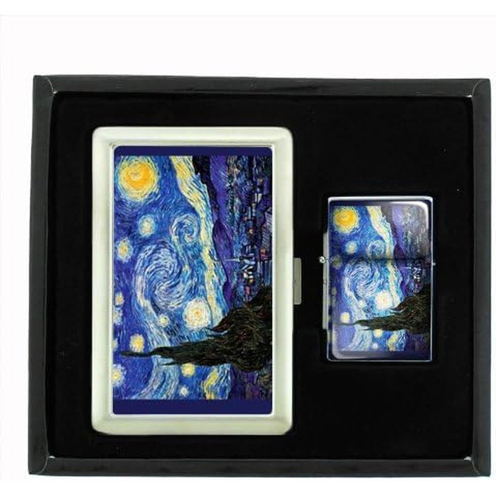 Perfection In Style Van Gogh Starry Night Cigarette Case and Lighter Set front view.