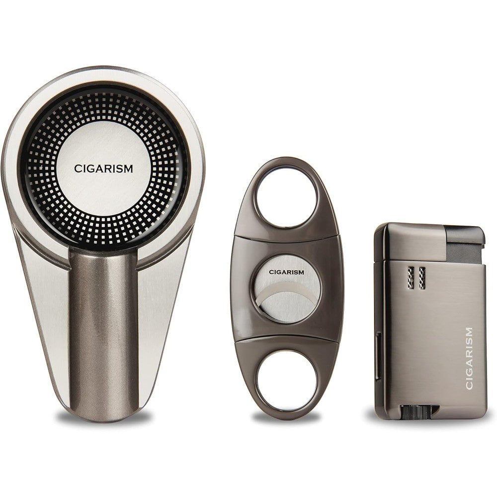 CIGARISM cigar cutter lighter ashtray gift set in gun metal front view