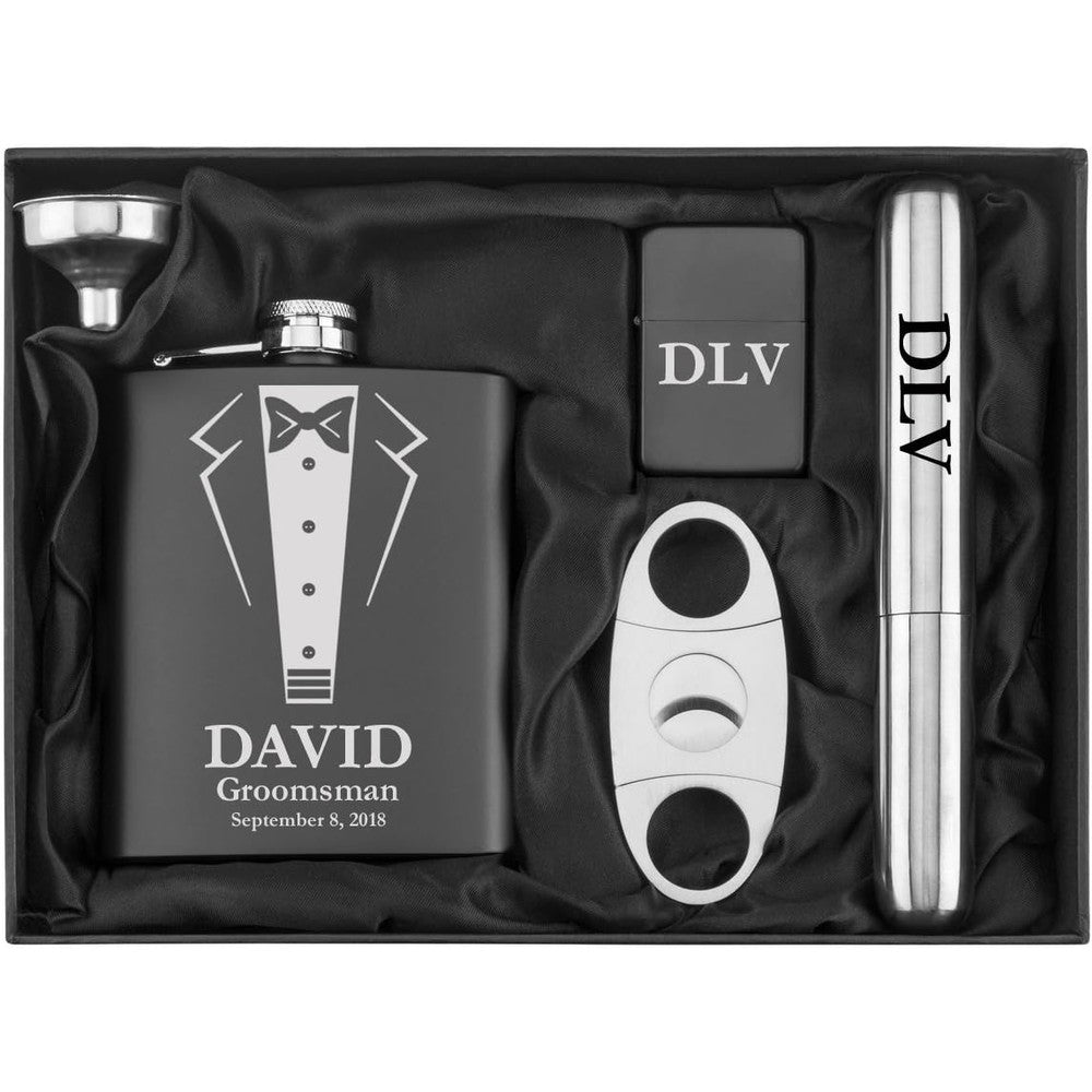 Daylor Engraved Wedding Tuxedo Flask and Cigar Cutter Set front view