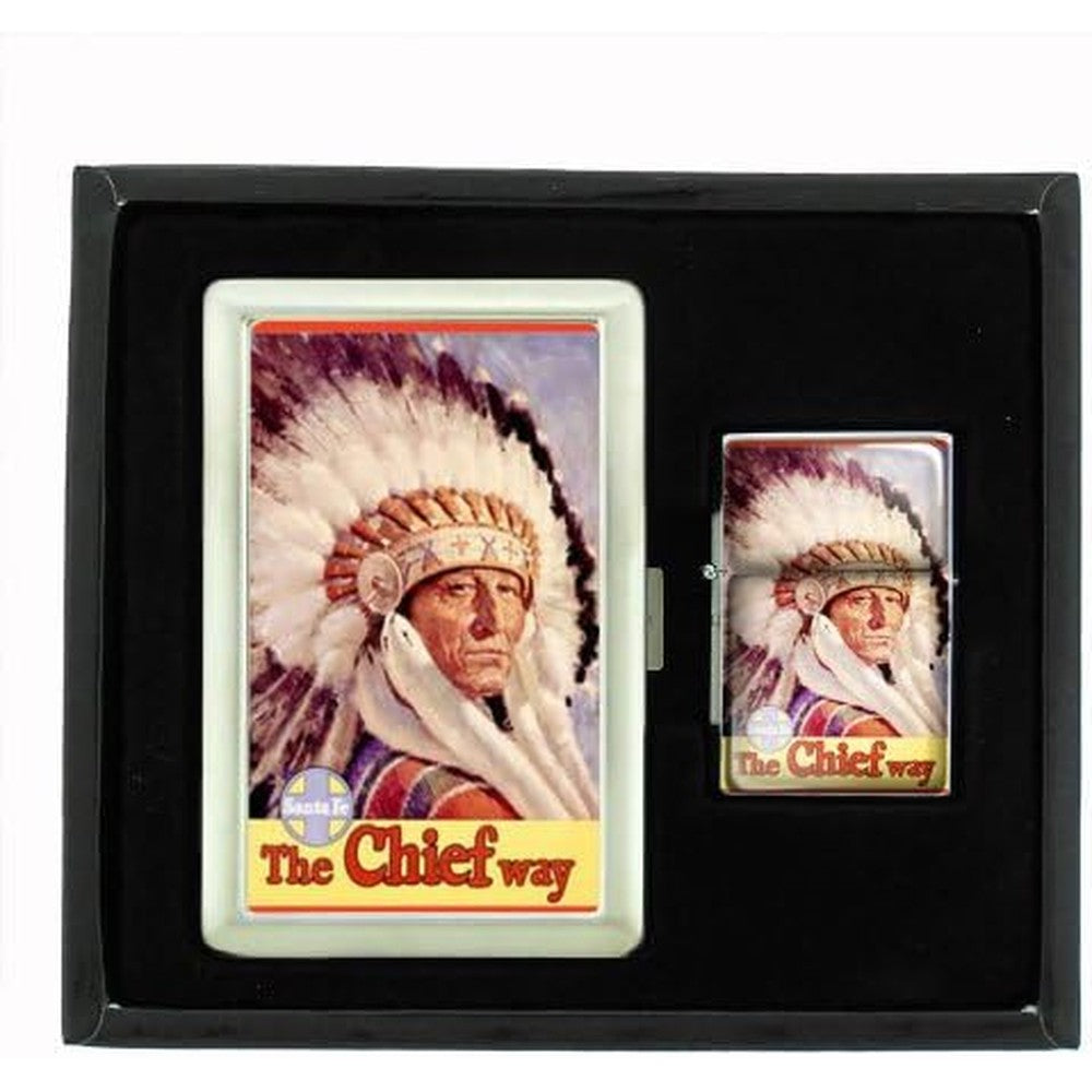 Pacifica Island Art Train Santa Fe Native American Cigarette Case and Lighter Gift Set front view vintage railroad collectible.