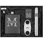 Daylor custom initial engraved seven ounce flask gift box set front view highlighting personalized monogram design.