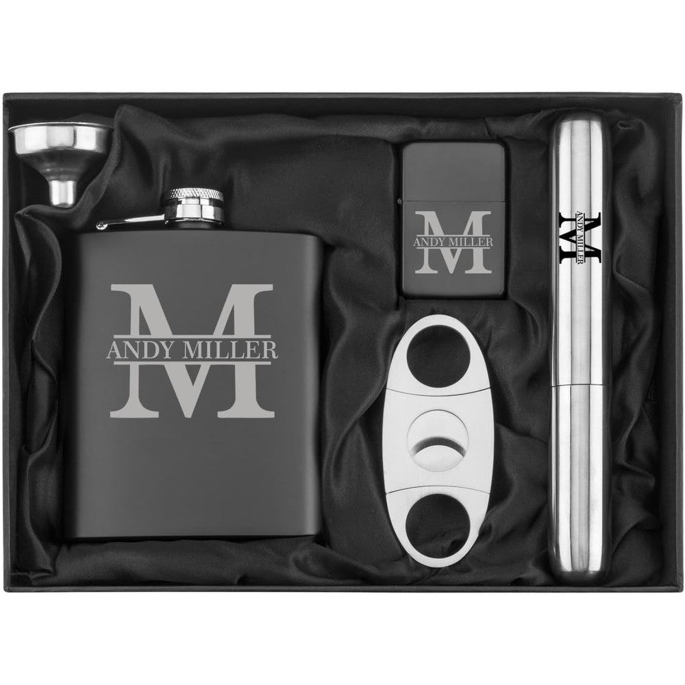 Daylor custom initial engraved seven ounce flask gift box set front view highlighting personalized monogram design.