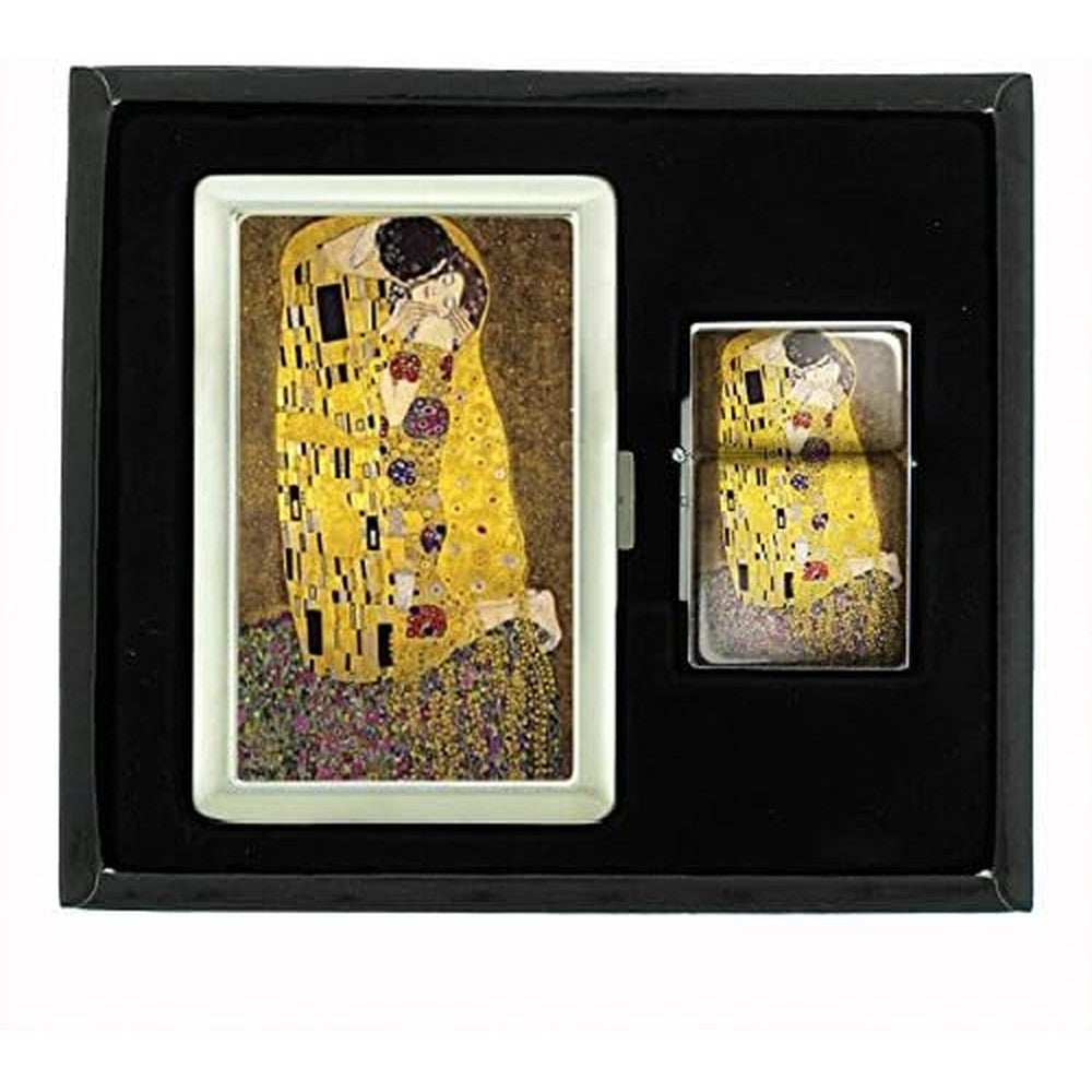 Perfection In Style Gustav Klimt The Kiss metal cigarette case and lighter set front view authentic imported gift set.