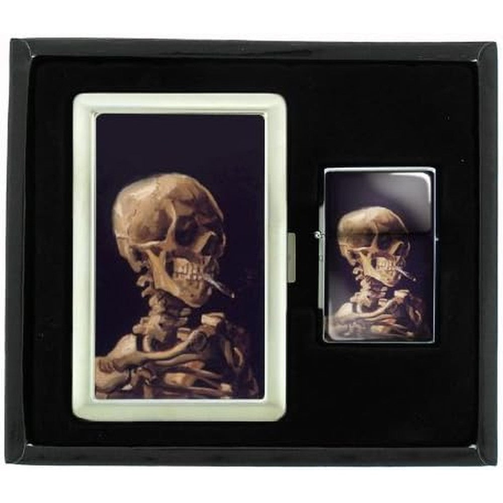 Perfection In Style Vincent Van Gogh Skull Smoking Cigarette Case and Lighter Set front view authentic imported gift set