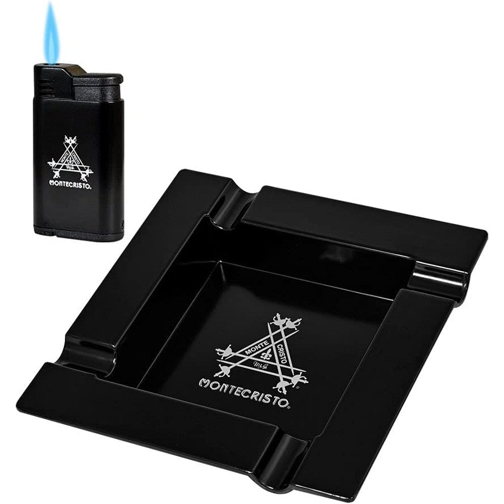Montecristo Attaché Cigar Gift Set front view displaying the black four groove logo ashtray and matching torch lighter.