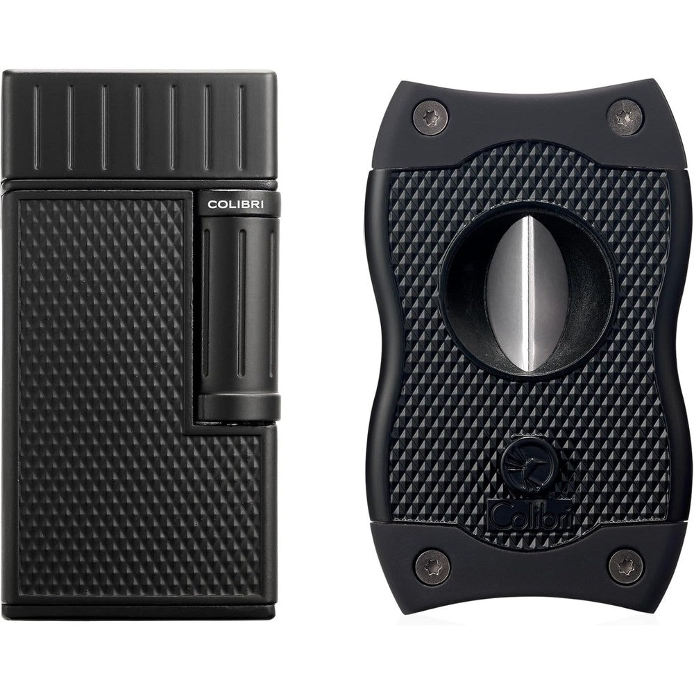 Colibri Julius double flame lighter and SV-Cut cigar cutter matte black premium gift set front view