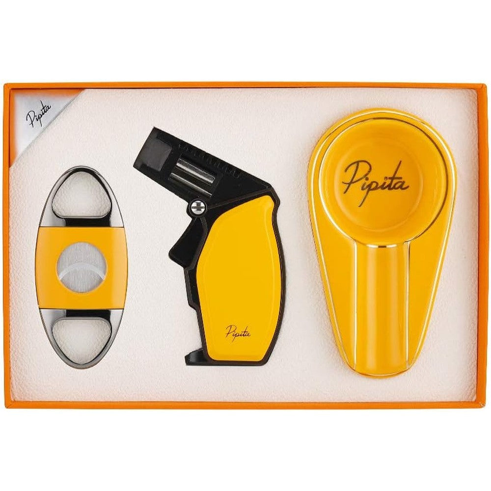 P PIPITA Cigar Gift Set front view showcasing the yellow torch lighter double blade cutter and ceramic ashtray