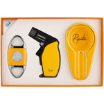P PIPITA Cigar Gift Set front view showcasing the yellow torch lighter double blade cutter and ceramic ashtray