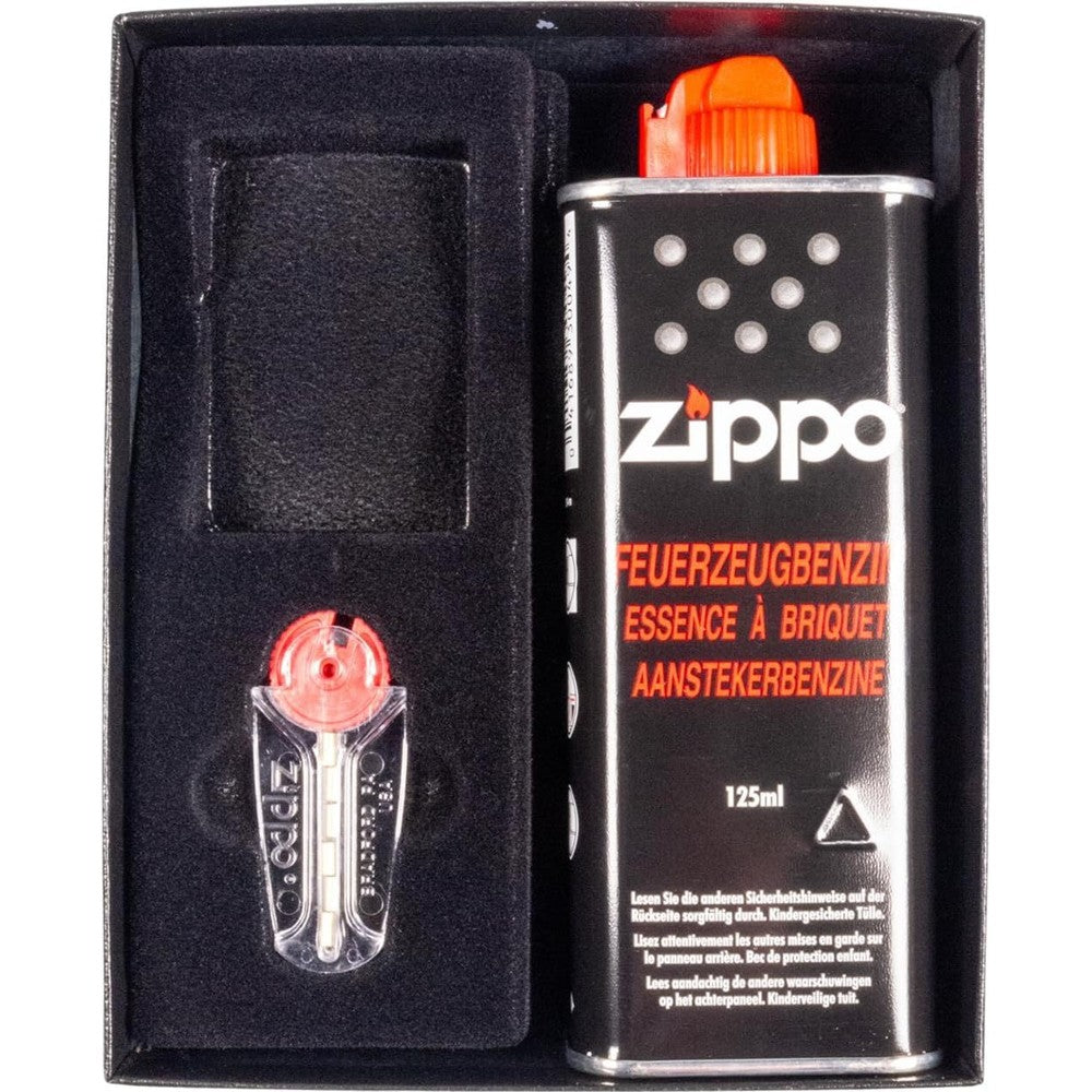 Zippo Classic Lighter Gift Set front view with fluid and flints