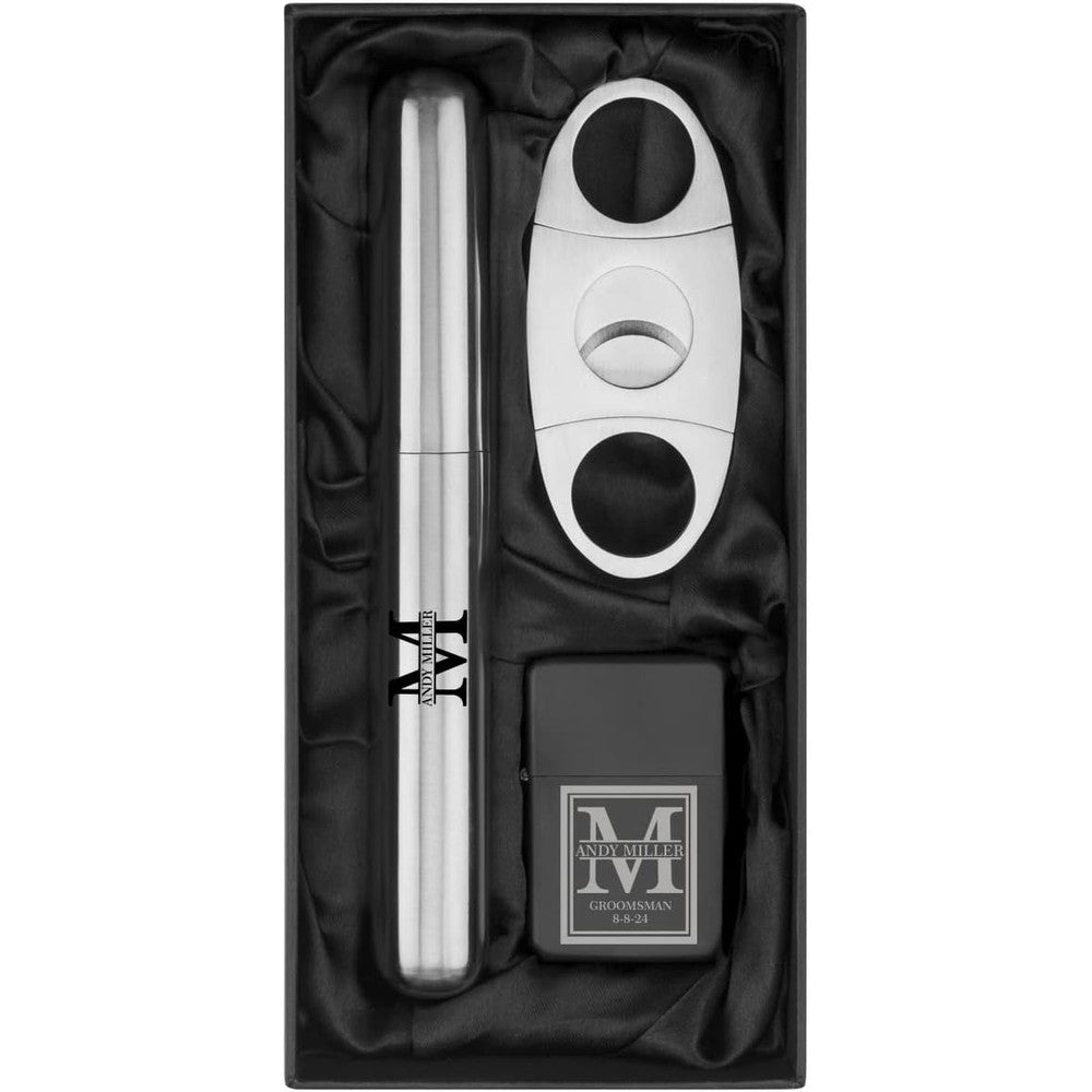 Daylor custom engraved stainless steel cigar tube flask cutter and lighter deluxe gift set front view