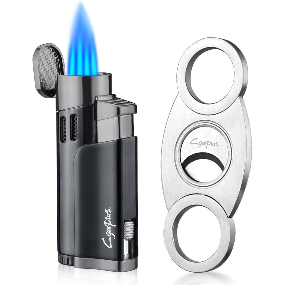 Cgaplus cigar cutter and lighter set front view showing black four jet flame torch lighter and guillotine