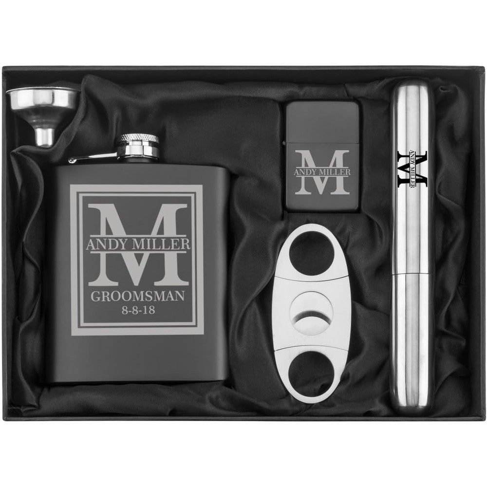 Daylor custom initial engraved 7 ounce stainless steel flask gift set front view featuring matte black monogrammed flask with lighter and cigar accessories