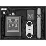 Daylor custom initial engraved 7 ounce stainless steel flask gift set front view featuring matte black monogrammed flask with lighter and cigar accessories