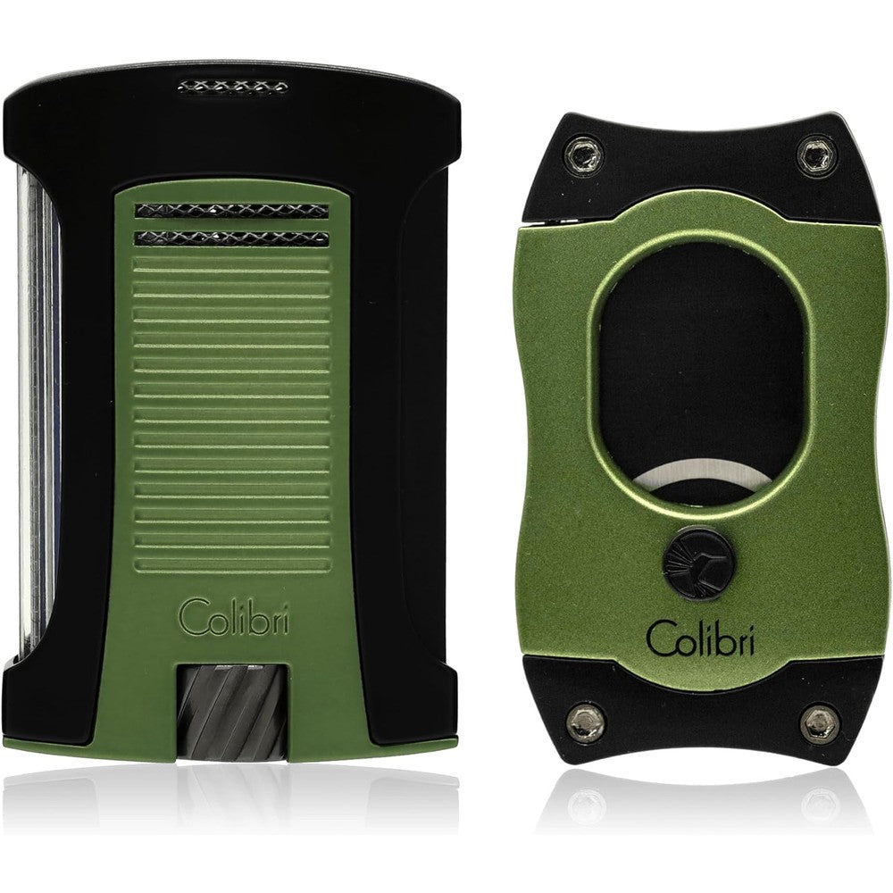 Colibri Daytona premium single jet flame lighter and matching green straight cutter gift set front view