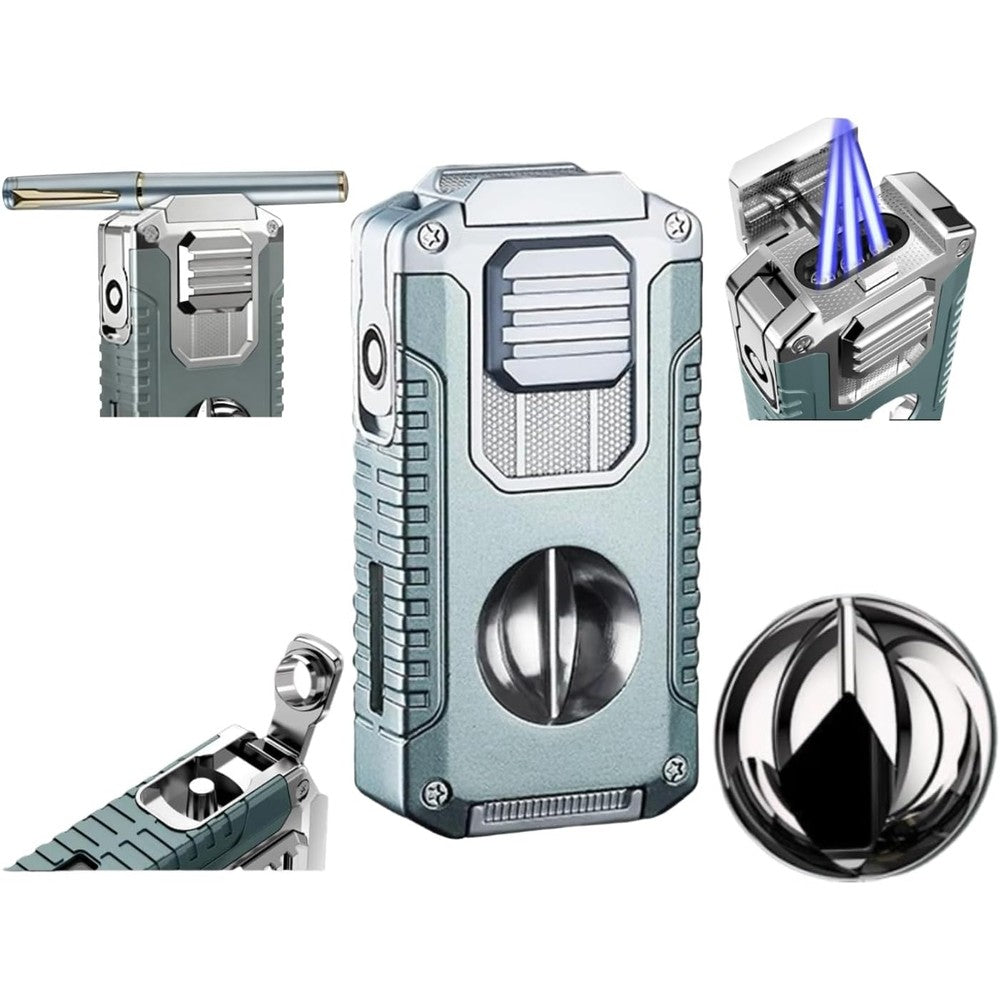 RicecdCAT 5 in 1 torch lighter gray green front view showing triple jet flame nozzle.