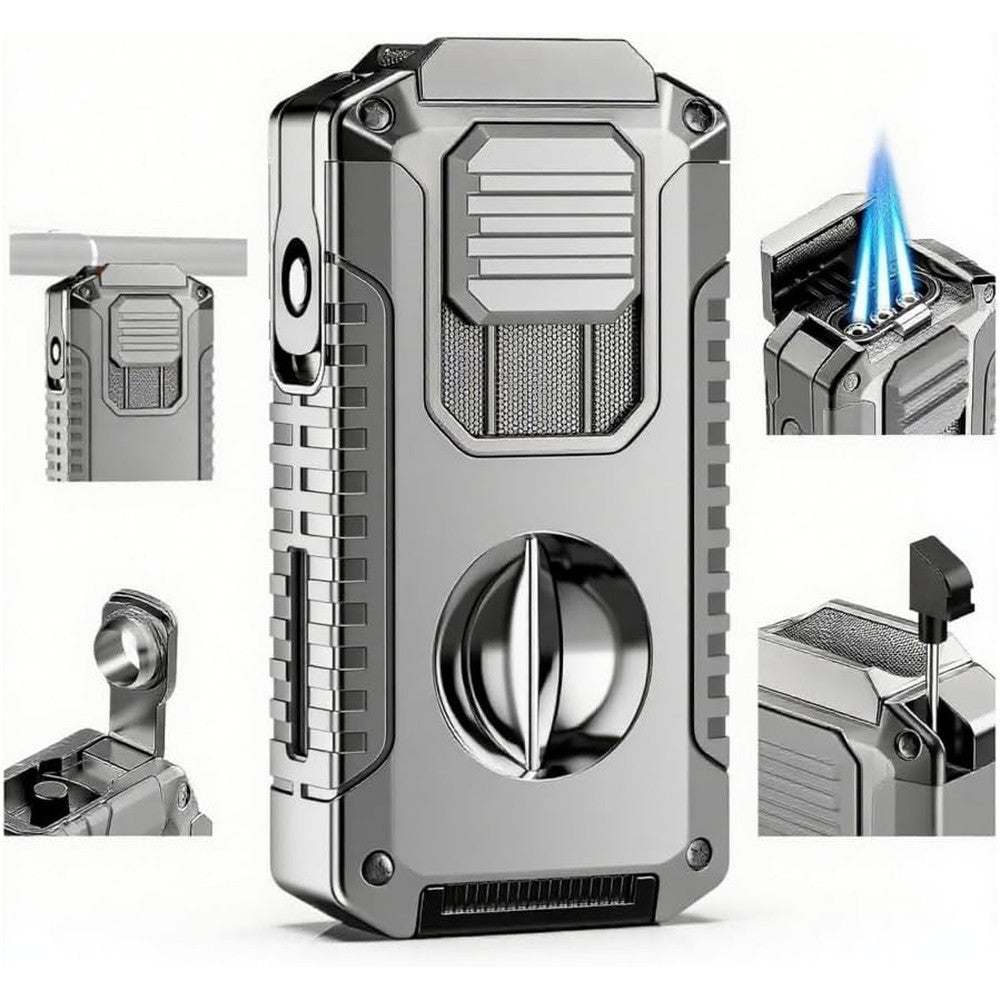 Vrufamt 5 in 1 torch lighter front view showing gunmetal gray metallic finish and triple jet nozzle