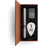 Daylors custom engraved stainless steel cigar tube flask gift set front view showcasing the monogrammed leather box.