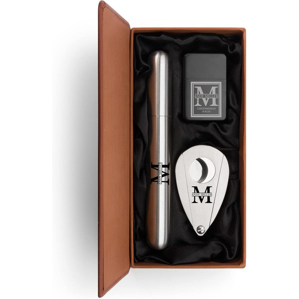 Daylors custom engraved stainless steel cigar tube flask gift set front view showcasing the monogrammed leather box.