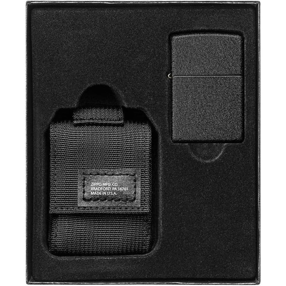 Zippo Tactical Pouch And Black Crackle Lighter Gift Set front view in official packaging box