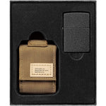 Zippo Coyote Tactical Pouch and Black Crackle Lighter Gift Set front view displaying the textured lighter and tan sheath.